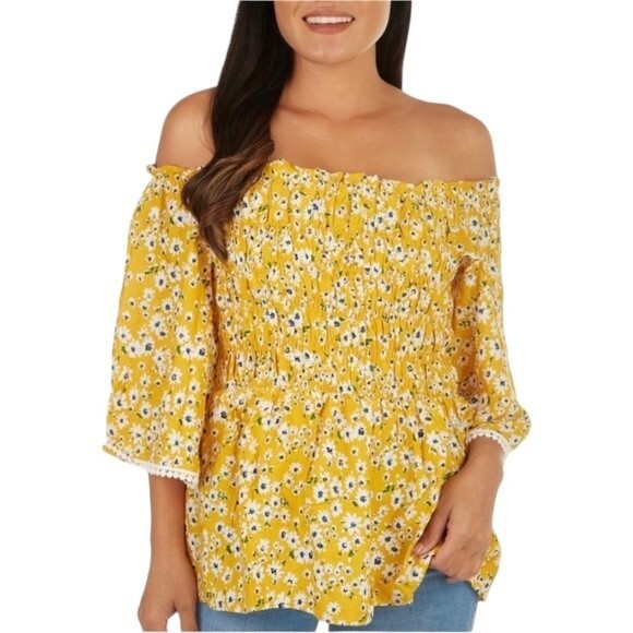 Chenault Fall Floral Smocked Square Neck Top Crochet Trim Wide Flare Sleeve Boho - Picture 2 of 15